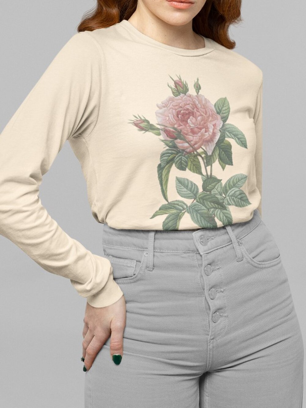Rose Vintage Floral Print Long Sleeve Graphic Tee T-shirt S-XXL